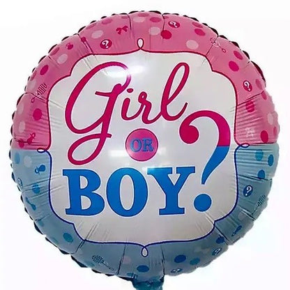 Balon din Folie Metalizata, Figurina Rotunda, Model Girl or Boy, Tema Gender Reveal, 45 cm, Ambalaj Individual, Pai Inclus, Umflare cu Aer sau Heliu, Albastru/Roz