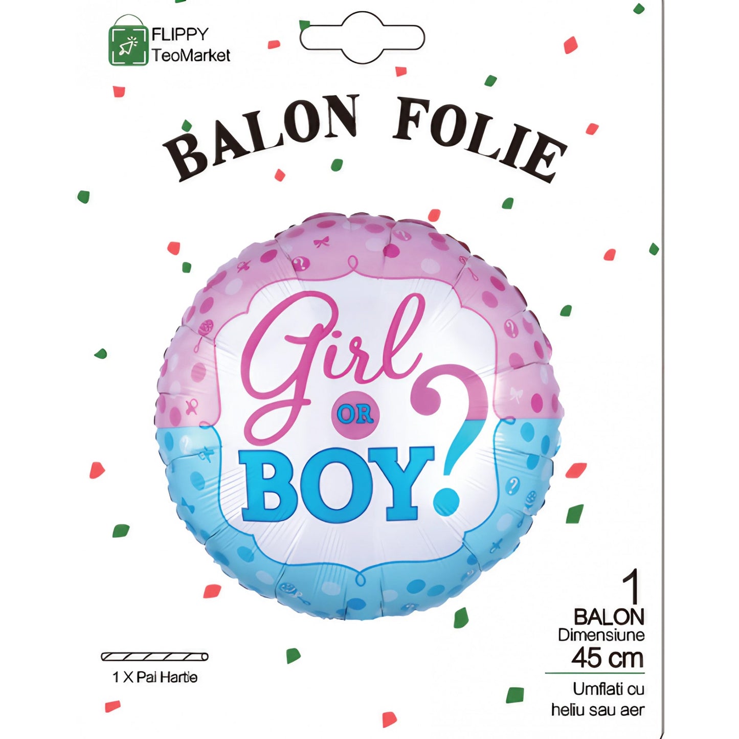 Balon din Folie Metalizata, Figurina Rotunda, Model Girl or Boy, Tema Gender Reveal, 45 cm, Ambalaj Individual, Pai Inclus, Umflare cu Aer sau Heliu, Albastru/Roz