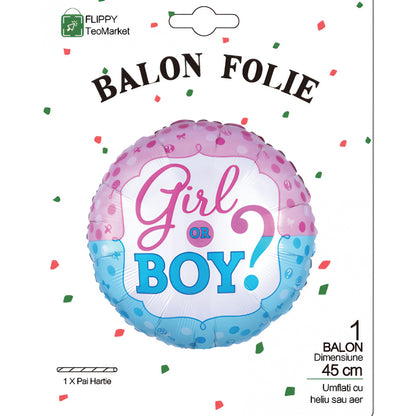 Balon din Folie Metalizata, Figurina Rotunda, Model Girl or Boy, Tema Gender Reveal, 45 cm, Ambalaj Individual, Pai Inclus, Umflare cu Aer sau Heliu, Albastru/Roz