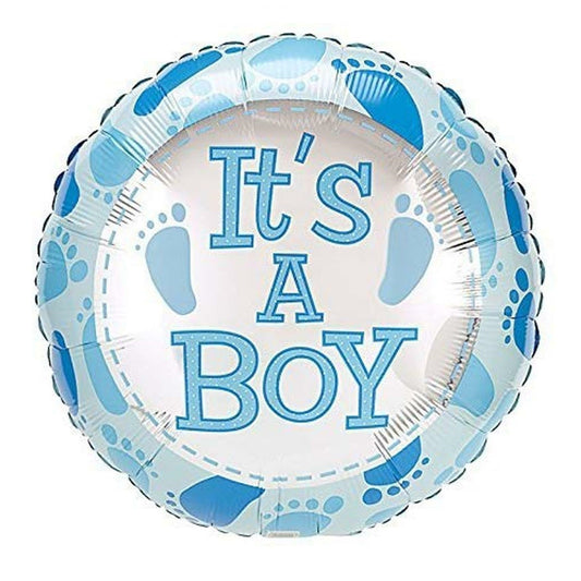 Balon din Folie Metalizata, Figurina Rotunda, Model It's a Boy, Tema Gender Reveal, 45 cm, Ambalaj Individual, Pai Inclus, Umflare cu Aer sau Heliu, Albastru