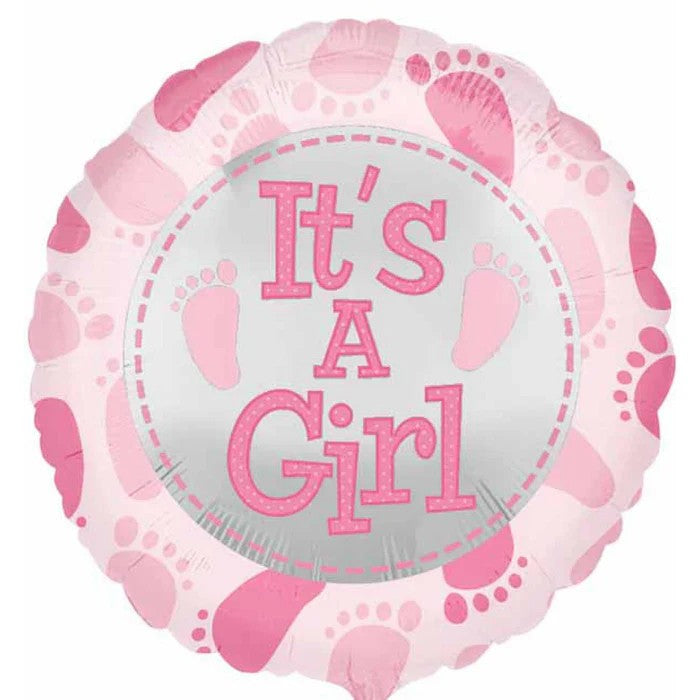 Balon din Folie Metalizata, Figurina Rotunda, Model It's a Girl, Tema Gender Reveal, 45 cm, Ambalaj Individual, Pai Inclus, Umflare cu Aer sau Heliu, Roz