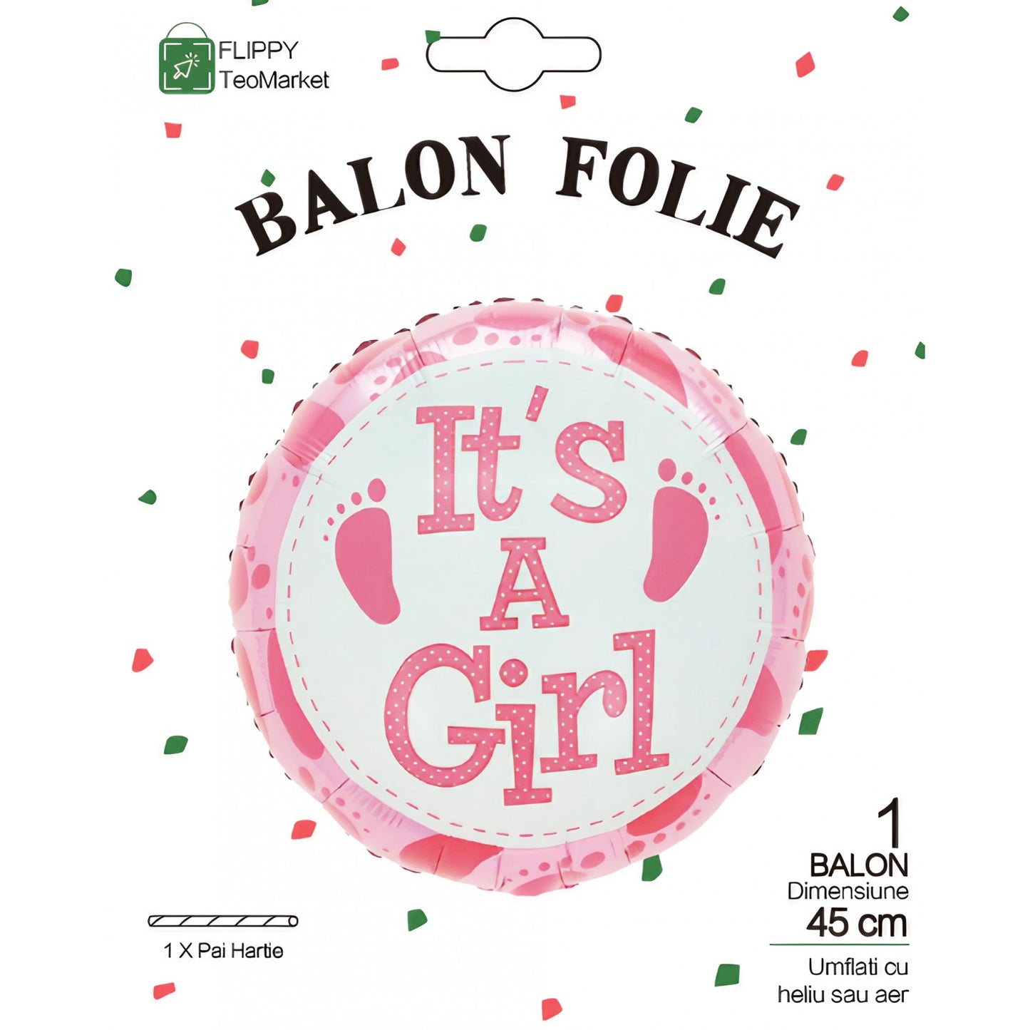 Balon din Folie Metalizata, Figurina Rotunda, Model It's a Girl, Tema Gender Reveal, 45 cm, Ambalaj Individual, Pai Inclus, Umflare cu Aer sau Heliu, Roz
