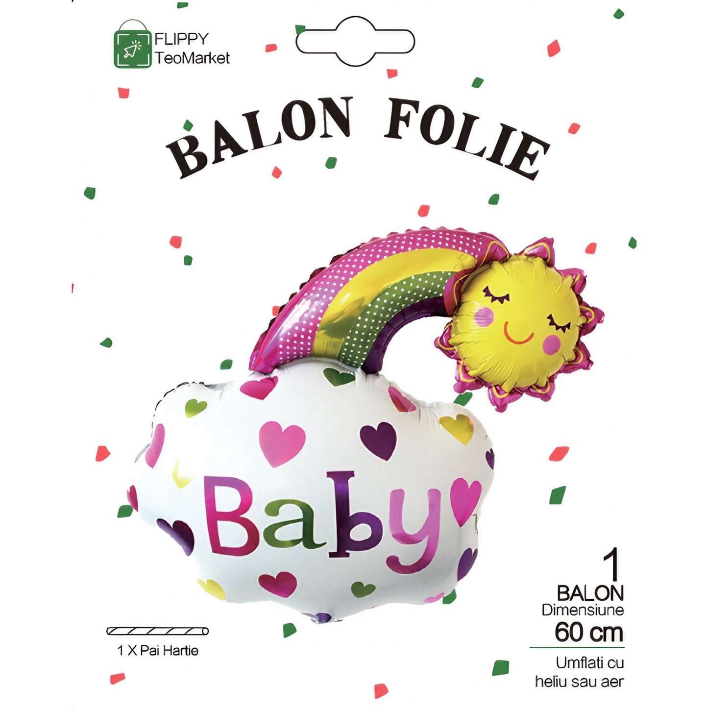 Balon din Folie Metalizata, Figurina Soare si Nor, Tema Botez, 60x53 cm, Ambalaj Individual, Pai Inclus, Umflare cu Aer sau Heliu, Roz