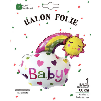 Balon din Folie Metalizata, Figurina Soare si Nor, Tema Botez, 60x53 cm, Ambalaj Individual, Pai Inclus, Umflare cu Aer sau Heliu, Roz