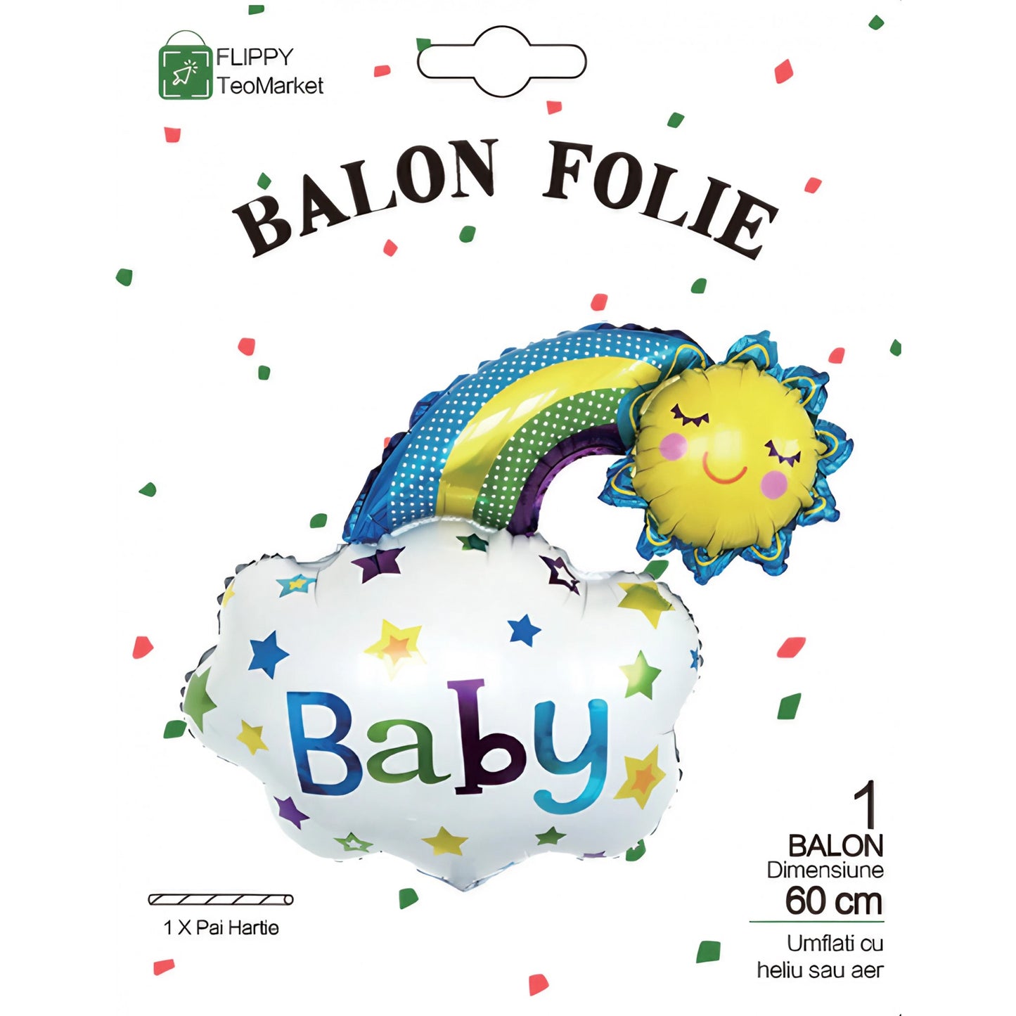 Balon din Folie Metalizata, Figurina Soare si Nor, Tema Botez, 60x53 cm, Ambalaj Individual, Pai Inclus, Umflare cu Aer sau Heliu, Albastru