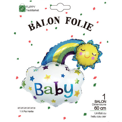 Balon din Folie Metalizata, Figurina Soare si Nor, Tema Botez, 60x53 cm, Ambalaj Individual, Pai Inclus, Umflare cu Aer sau Heliu, Albastru