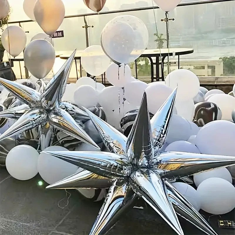 Balon din Folie Metalizata, Figurina Stea 3D, 66 cm, Ambalaj Individual, Pai inclus, Umflare cu Aer sau Heliu, Argintiu