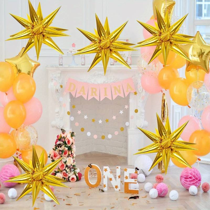 Balon din Folie Metalizata, Figurina Stea 3D, 66 cm, Ambalaj Individual, Pai inclus, Umflare cu Aer sau Heliu, Auriu