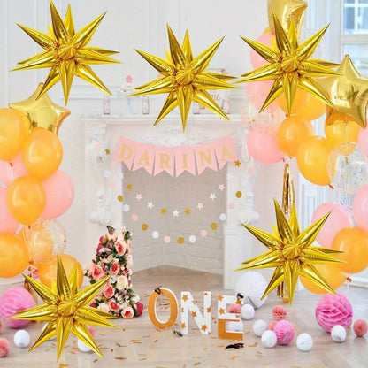 Balon din Folie Metalizata, Figurina Stea 3D, 66 cm, Ambalaj Individual, Pai inclus, Umflare cu Aer sau Heliu, Auriu