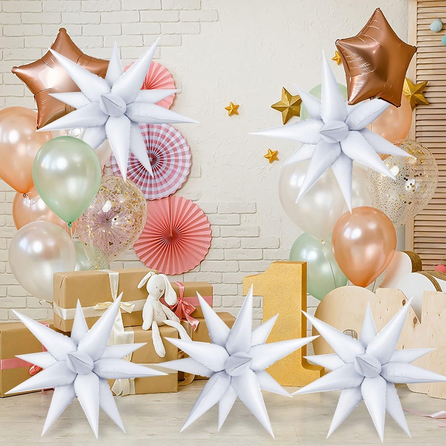 Balon din Folie Metalizata, Figurina Stea 3D, 66 cm, Ambalaj Individual, Pai inclus, Umflare cu Aer sau Heliu, Alb