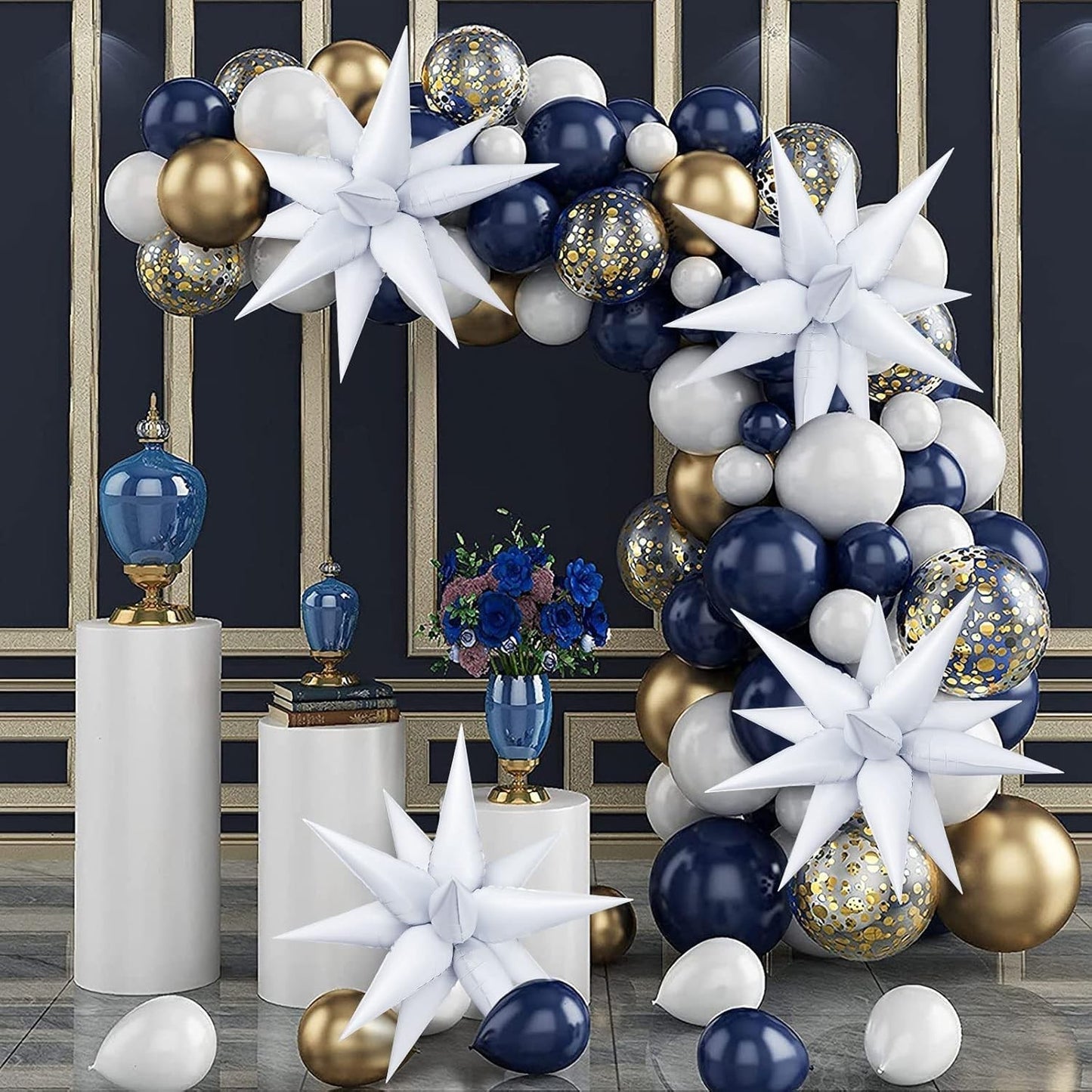Balon din Folie Metalizata, Figurina Stea 3D, 66 cm, Ambalaj Individual, Pai inclus, Umflare cu Aer sau Heliu, Alb