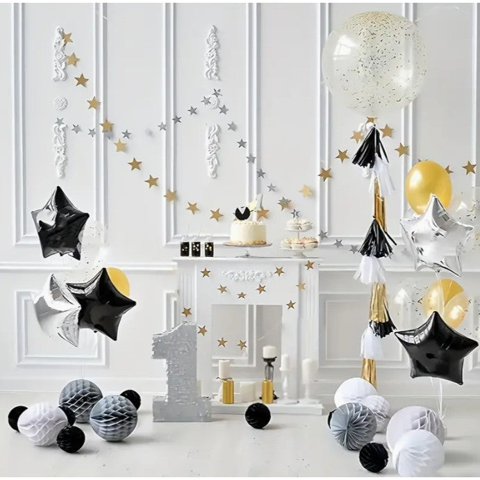 Balon din Folie Metalizata, Figurina Stea, Model Simplu, Tematica Aniversare, 40 cm, Ambalaj Individual, Pai Inclus, Umflare cu Aer sau Heliu, Negru