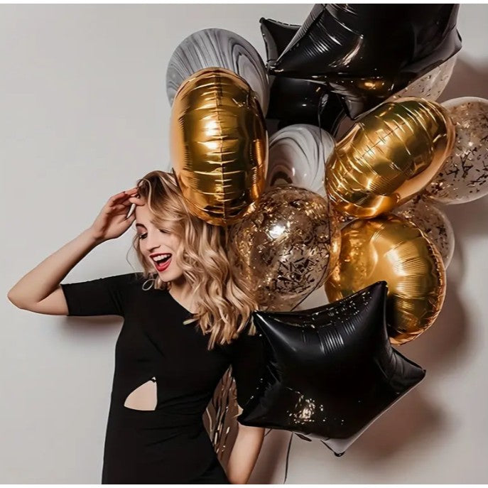 Balon din Folie Metalizata, Figurina Stea, Model Simplu, Tematica Aniversare, 40 cm, Ambalaj Individual, Pai Inclus, Umflare cu Aer sau Heliu, Negru