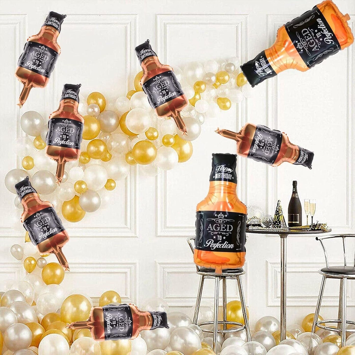 Balon din Folie Metalizata, Figurina Sticla de Whisky, Tema Aniversare, 90x45 cm, Ambalaj Individual, Pai Inclus, Umflare cu Aer sau Heliu, Maro