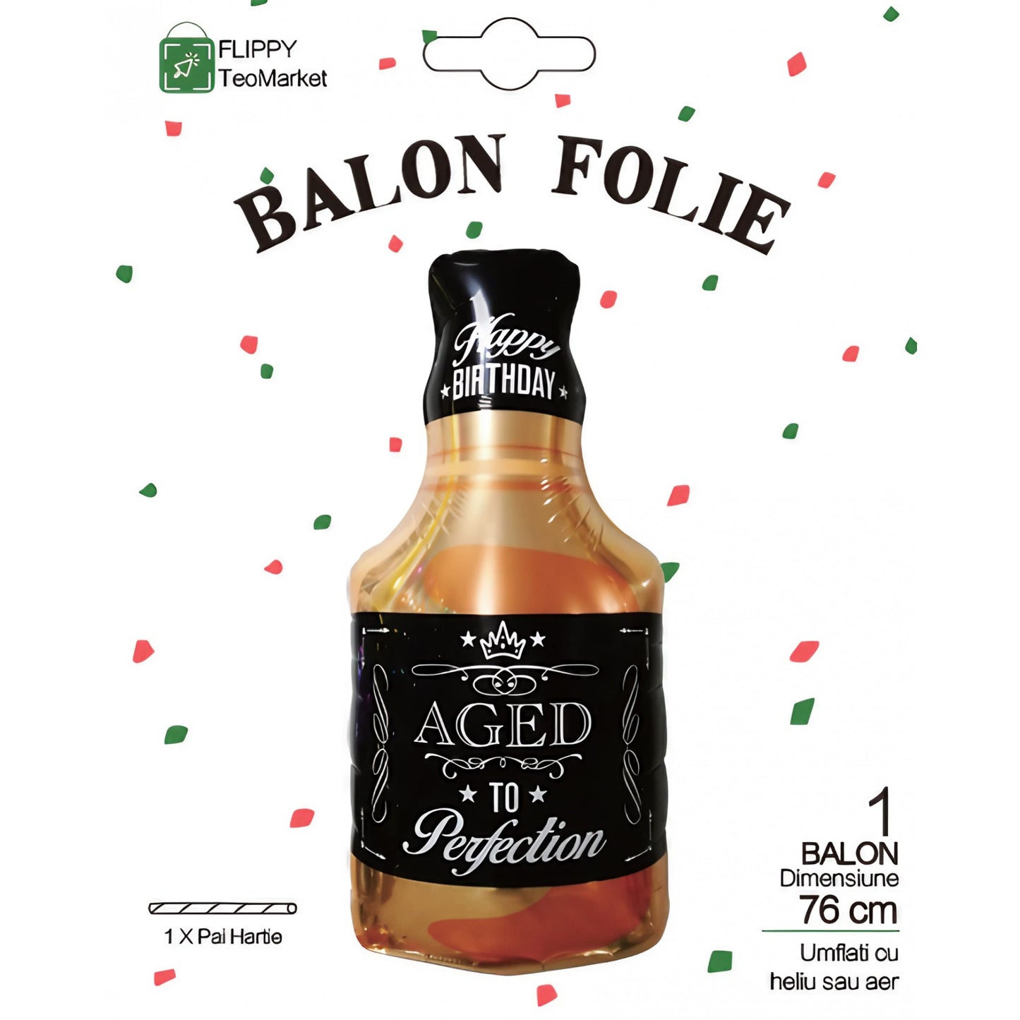Balon din Folie Metalizata, Figurina Sticla de Whisky, Tema Aniversare, 90x45 cm, Ambalaj Individual, Pai Inclus, Umflare cu Aer sau Heliu, Maro