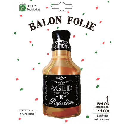 Balon din Folie Metalizata, Figurina Sticla de Whisky, Tema Aniversare, 90x45 cm, Ambalaj Individual, Pai Inclus, Umflare cu Aer sau Heliu, Maro