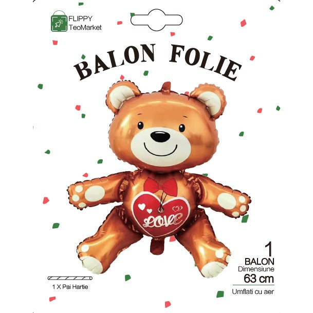Balon din Folie Metalizata, Figurina Urs, Model Love, Tema Ziua Indragostitilor, 60x63cm, Ambalaj Individual, Pai Inclus, Umflare cu Aer sau Heliu, Maro