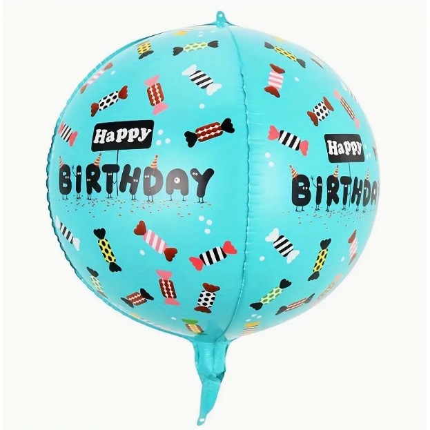 Balon din Folie Metalizata, Figurine 4D, Model Happy Birthday, Tematica Aniversara Bombonele, 63x24 cm, Ambalaj Individual, Pai Inclus, Umflare cu Aer sau Heliu, Blue