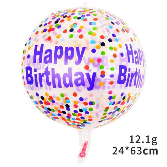 Balon din Folie Metalizata, Figurine 4D, Model Happy Birthday, Tematica Aniversara Bombonele, 63x24 cm, Ambalaj Individual, Pai Inclus, Umflare cu Aer sau Heliu, Mov-Multicolor