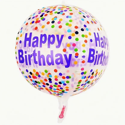 Balon din Folie Metalizata, Figurine 4D, Model Happy Birthday, Tematica Aniversara Bombonele, 63x24 cm, Ambalaj Individual, Pai Inclus, Umflare cu Aer sau Heliu, Mov-Multicolor