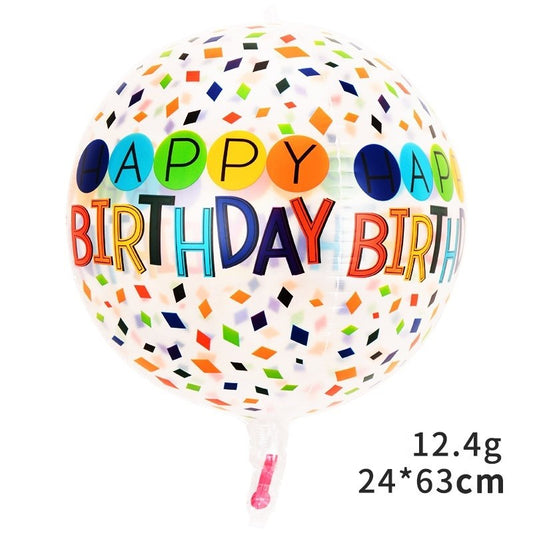 Balon din Folie Metalizata, Figurine 4D, Model Happy Birthday, Tematica Aniversara Bombonele, 63x24 cm, Ambalaj Individual, Pai Inclus, Umflare cu Aer sau Heliu, Alb-Multicolor