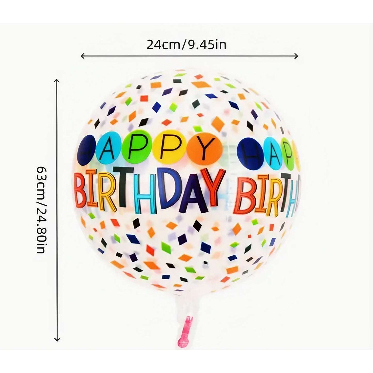 Balon din Folie Metalizata, Figurine 4D, Model Happy Birthday, Tematica Aniversara Bombonele, 63x24 cm, Ambalaj Individual, Pai Inclus, Umflare cu Aer sau Heliu, Alb-Multicolor