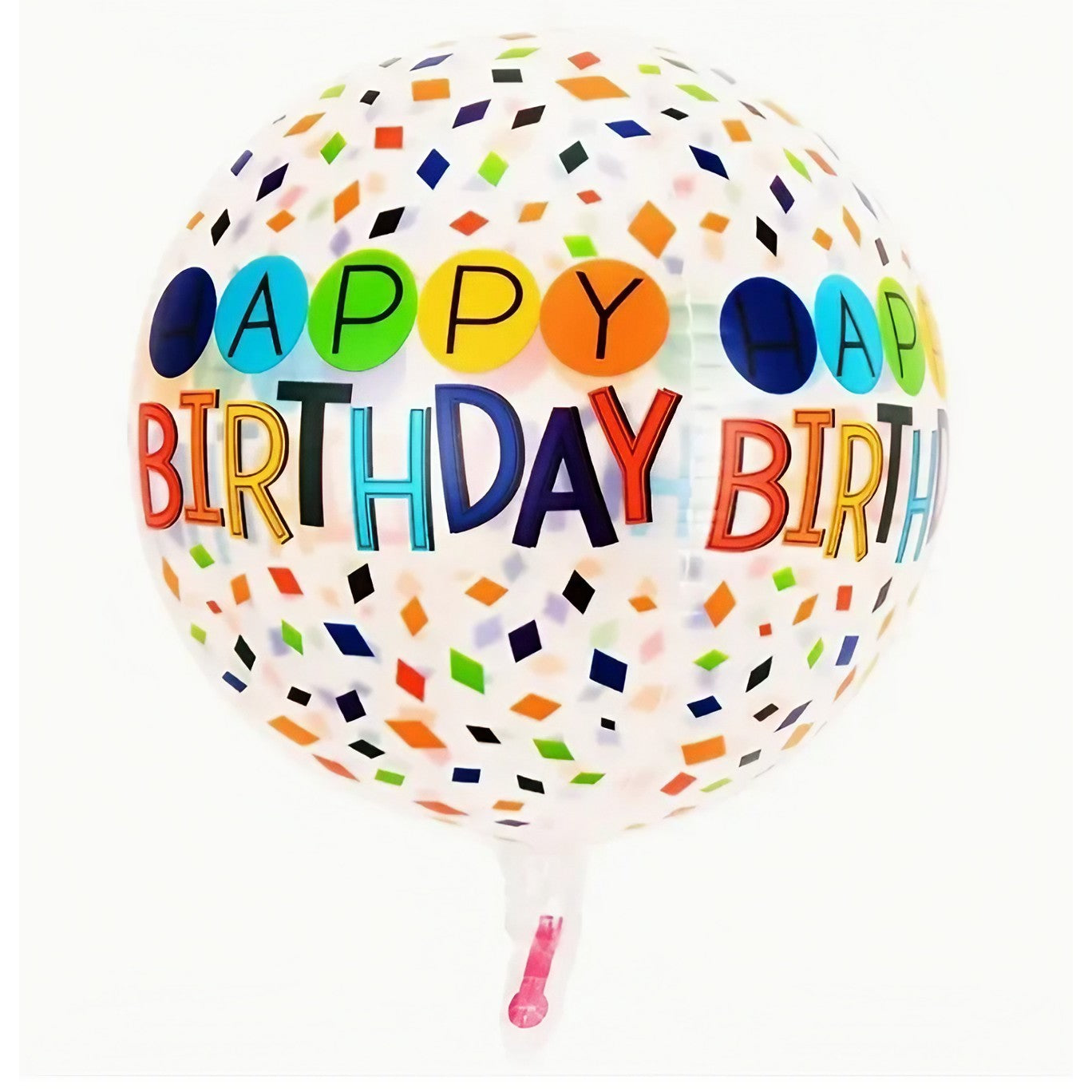 Balon din Folie Metalizata, Figurine 4D, Model Happy Birthday, Tematica Aniversara Bombonele, 63x24 cm, Ambalaj Individual, Pai Inclus, Umflare cu Aer sau Heliu, Alb-Multicolor