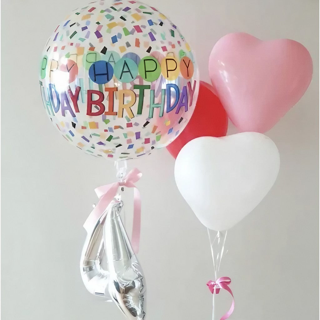 Balon din Folie Metalizata, Figurine 4D, Model Happy Birthday, Tematica Aniversara Bombonele, 63x24 cm, Ambalaj Individual, Pai Inclus, Umflare cu Aer sau Heliu, Alb-Multicolor