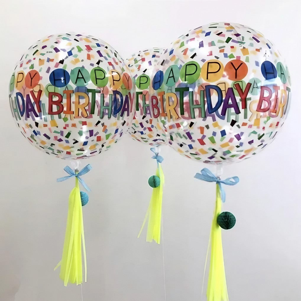 Balon din Folie Metalizata, Figurine 4D, Model Happy Birthday, Tematica Aniversara Bombonele, 63x24 cm, Ambalaj Individual, Pai Inclus, Umflare cu Aer sau Heliu, Alb-Multicolor