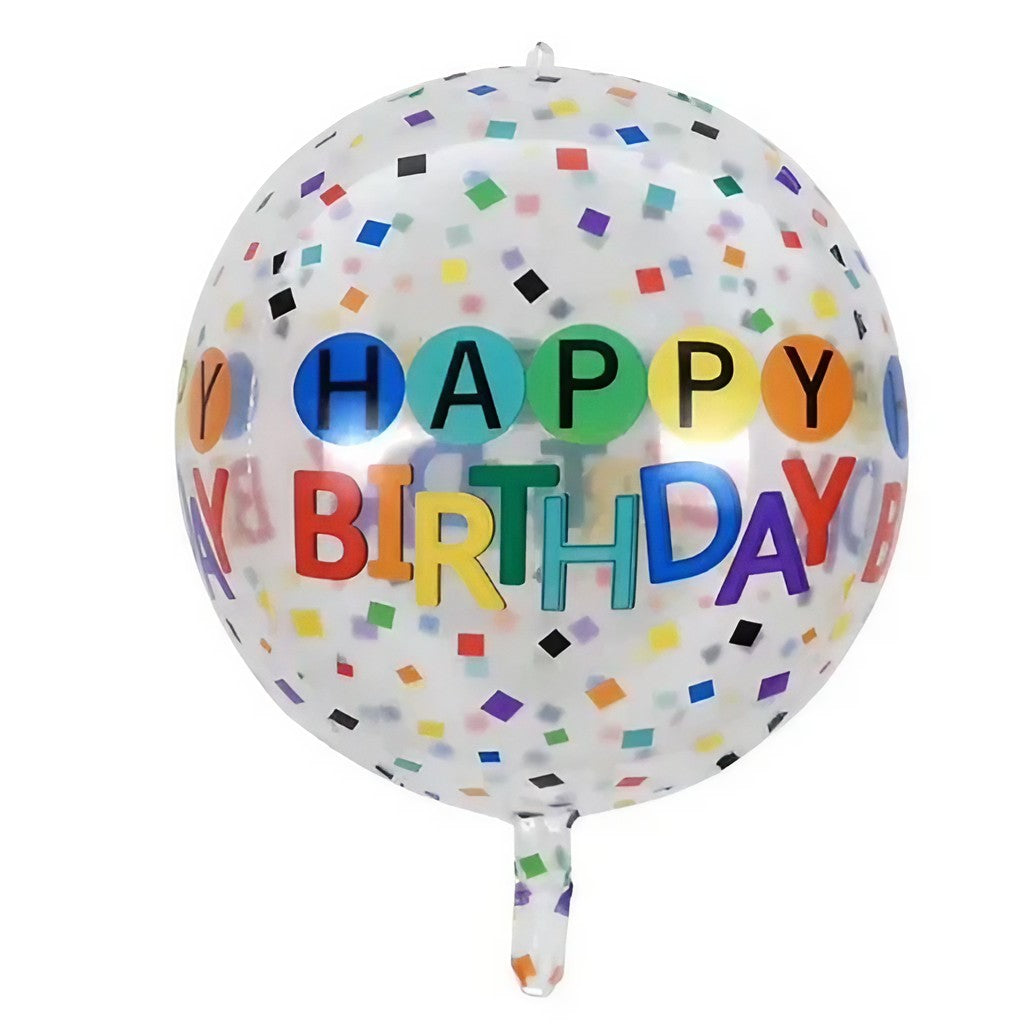 Balon din Folie Metalizata, Figurine 4D, Model Happy Birthday, Tematica Aniversara Bombonele, 63x24 cm, Ambalaj Individual, Pai Inclus, Umflare cu Aer sau Heliu, Alb-Multicolor