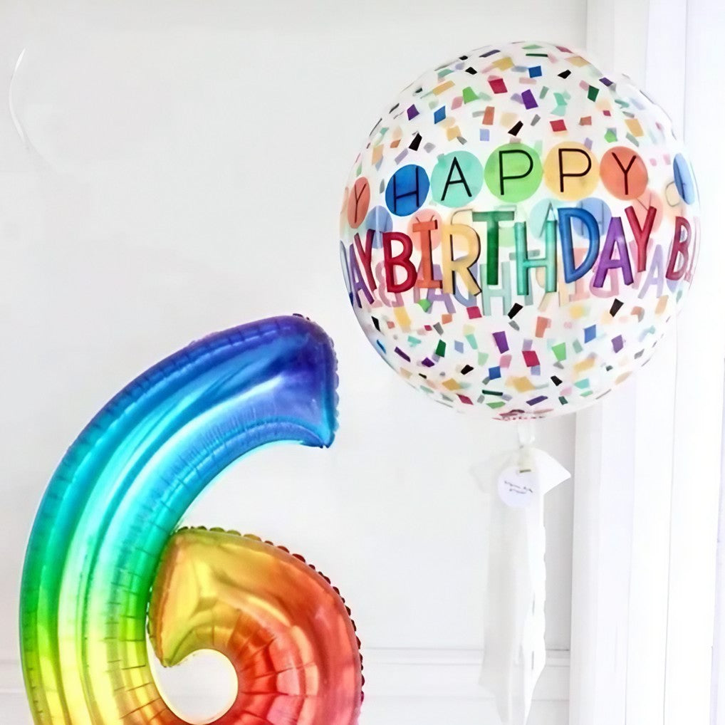 Balon din Folie Metalizata, Figurine 4D, Model Happy Birthday, Tematica Aniversara Bombonele, 63x24 cm, Ambalaj Individual, Pai Inclus, Umflare cu Aer sau Heliu, Alb-Multicolor