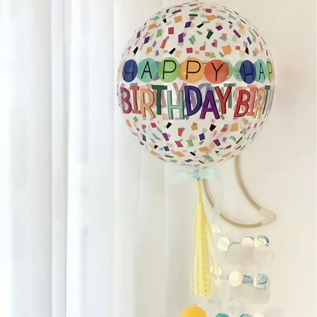 Balon din Folie Metalizata, Figurine 4D, Model Happy Birthday, Tematica Aniversara Bombonele, 63x24 cm, Ambalaj Individual, Pai Inclus, Umflare cu Aer sau Heliu, Alb-Multicolor