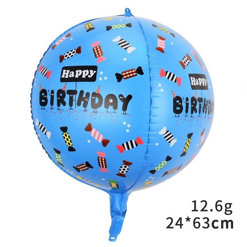 Balon din Folie Metalizata, Figurine 4D, Model Happy Birthday, Tematica Aniversara Bombonele, 63x24 cm, Ambalaj Individual, Pai Inclus, Umflare cu Aer sau Heliu, Albastru