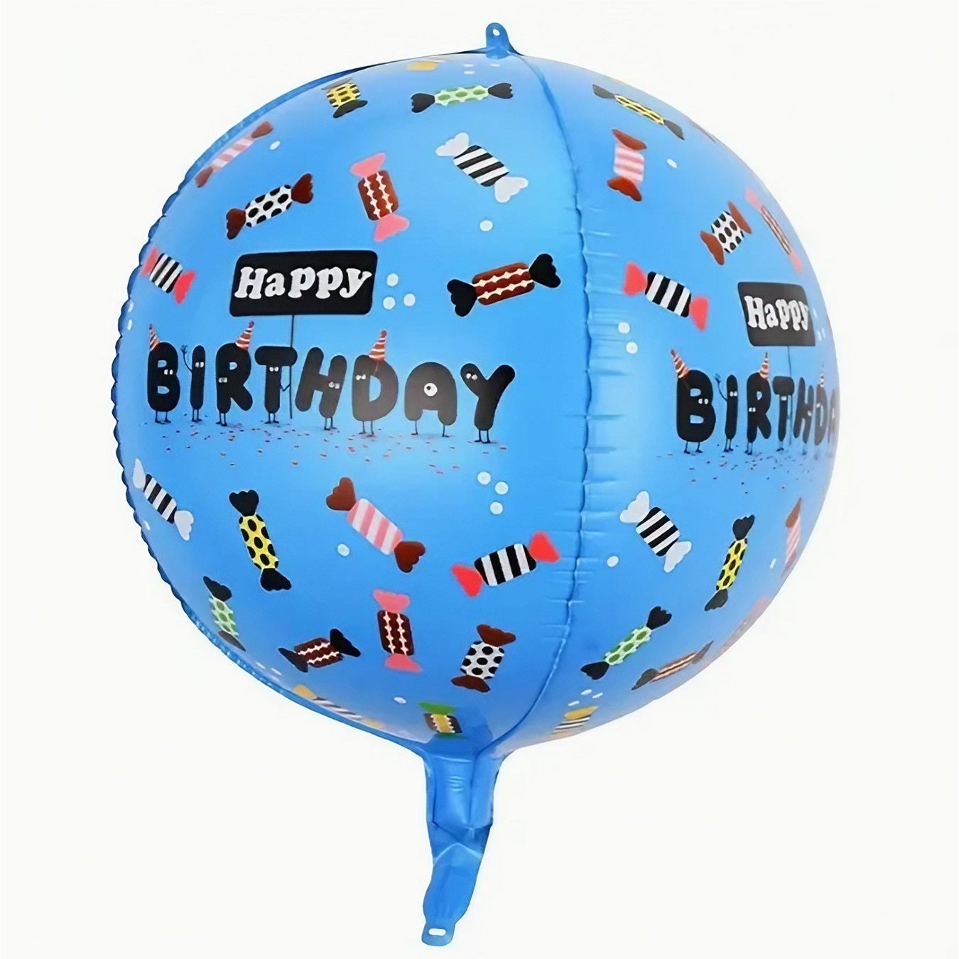 Balon din Folie Metalizata, Figurine 4D, Model Happy Birthday, Tematica Aniversara Bombonele, 63x24 cm, Ambalaj Individual, Pai Inclus, Umflare cu Aer sau Heliu, Albastru