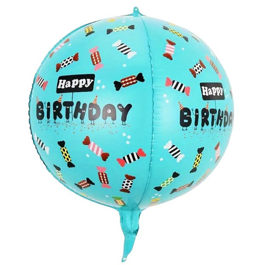 Balon din Folie Metalizata, Figurine 4D, Model Happy Birthday, Tematica Aniversara Bombonele, 63x24 cm, Ambalaj Individual, Pai Inclus, Umflare cu Aer sau Heliu, Blue