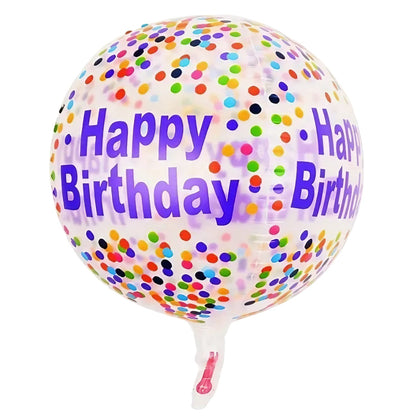 Balon din Folie Metalizata, Figurine 4D, Model Happy Birthday, Tematica Aniversara Bombonele, 63x24 cm, Ambalaj Individual, Pai Inclus, Umflare cu Aer sau Heliu, Mov-Multicolor