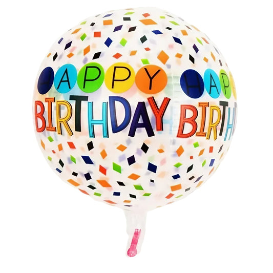 Balon din Folie Metalizata, Figurine 4D, Model Happy Birthday, Tematica Aniversara Bombonele, 63x24 cm, Ambalaj Individual, Pai Inclus, Umflare cu Aer sau Heliu, Alb-Multicolor