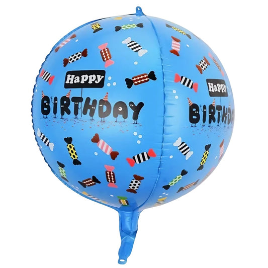Balon din Folie Metalizata, Figurine 4D, Model Happy Birthday, Tematica Aniversara Bombonele, 63x24 cm, Ambalaj Individual, Pai Inclus, Umflare cu Aer sau Heliu, Albastru