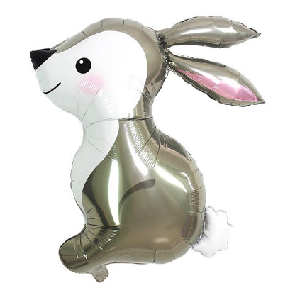 Balon din Folie Metalizata, Ambalaj Individual, Pai Inclus, Model Iepure, Tema Animalute, 56x73 cm, Umflare cu Aer sau Heliu, Gri