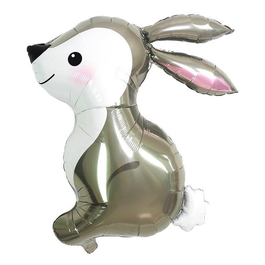 Balon din Folie Metalizata, Ambalaj Individual, Pai Inclus, Model Iepure, Tema Animalute, 56x73 cm, Umflare cu Aer sau Heliu, Gri