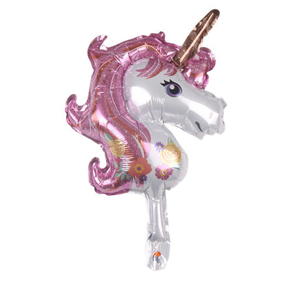 Balon din Folie Metalizata, Figurina Unicorn, Tema Animalute, 30 cm, Ambalaj Individual, Pai Inclus, Umflare cu Aer sau Heliu, Roz