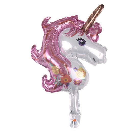 Balon din Folie Metalizata, Figurina Unicorn, Tema Animalute, 30 cm, Ambalaj Individual, Pai Inclus, Umflare cu Aer sau Heliu, Roz