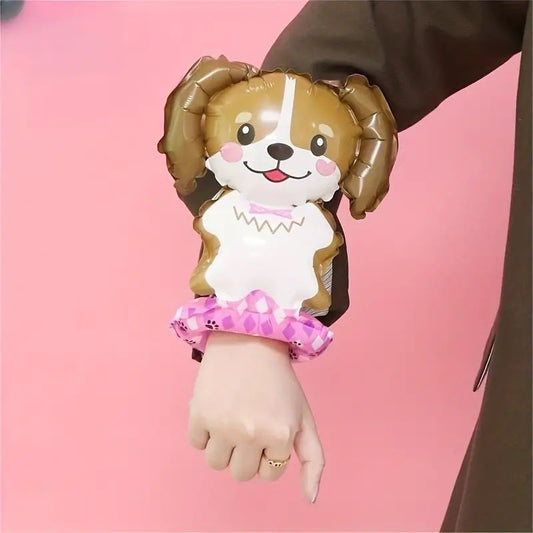 Balon din Folie Metalizata, Figurine Animalute, Tip Bratara, Model Catel, 13 x 35 cm, Ambalaj Individual, Pai Inclus, Umflare cu Aer sau Heliu, Maro