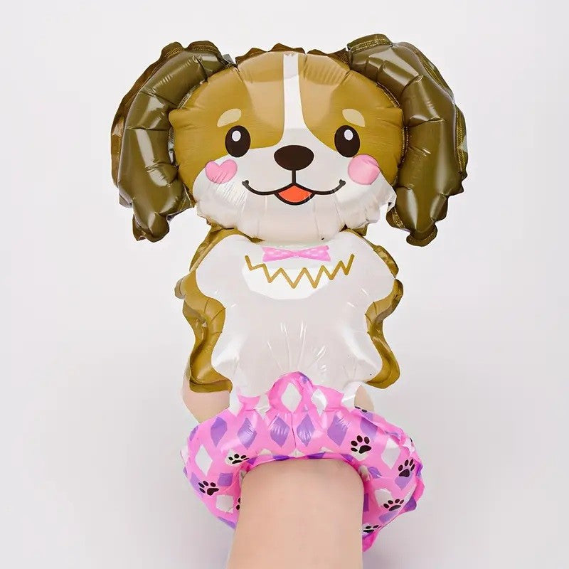 Balon din Folie Metalizata, Figurine Animalute, Tip Bratara, Model Catel, 13 x 35 cm, Ambalaj Individual, Pai Inclus, Umflare cu Aer sau Heliu, Maro