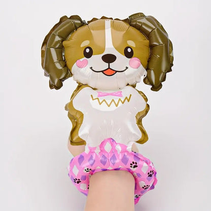 Balon din Folie Metalizata, Figurine Animalute, Tip Bratara, Model Catel, 13 x 35 cm, Ambalaj Individual, Pai Inclus, Umflare cu Aer sau Heliu, Maro