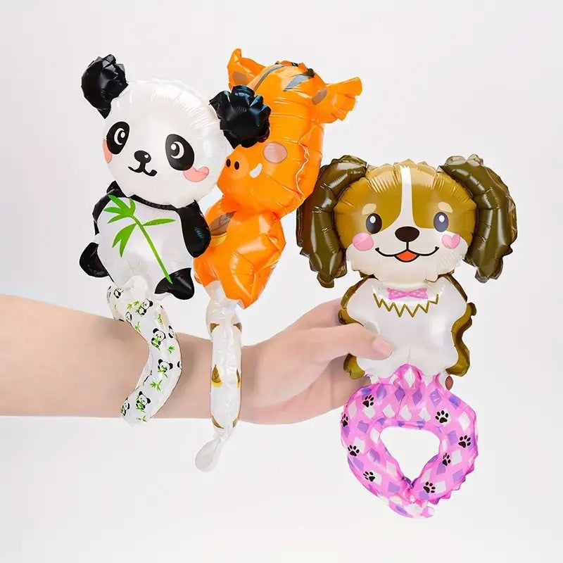 Balon din Folie Metalizata, Figurine Animalute, Tip Bratara, Model Catel, 13 x 35 cm, Ambalaj Individual, Pai Inclus, Umflare cu Aer sau Heliu, Maro