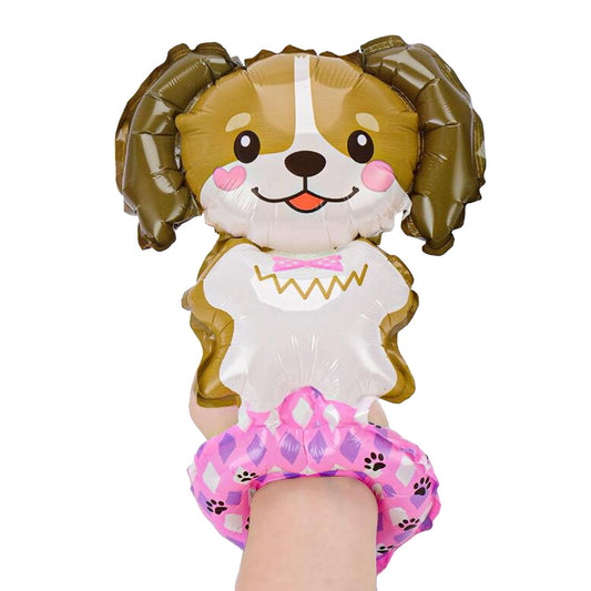 Balon din Folie Metalizata, Figurine Animalute, Tip Bratara, Model Catel, 13 x 35 cm, Ambalaj Individual, Pai Inclus, Umflare cu Aer sau Heliu, Maro