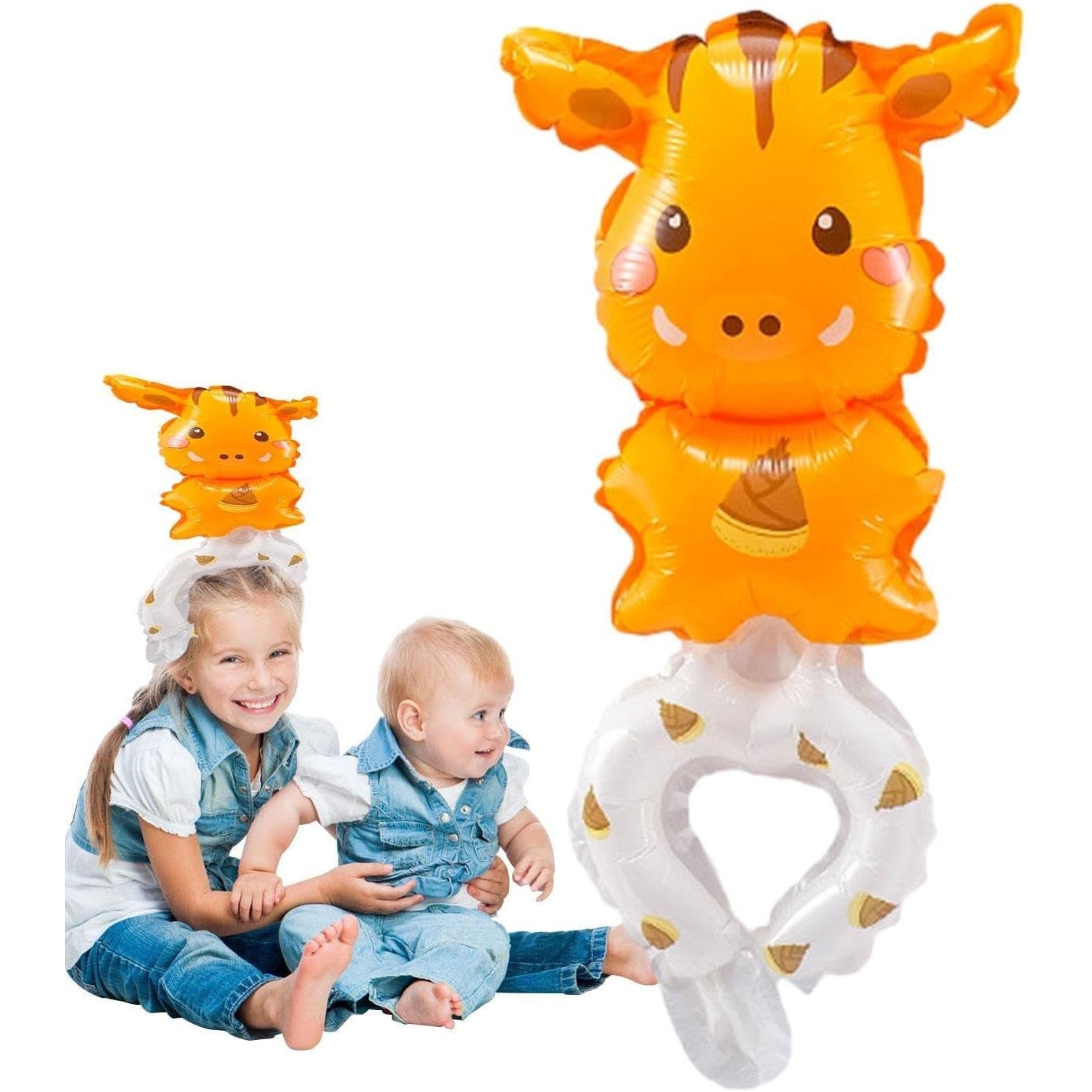 Balon din Folie Metalizata, Figurine Animalute, Tip Bratara, Model Girafa, 13 x 35 cm, Ambalaj Individual, Pai Inclus, Umflare cu Aer sau Heliu, Maro