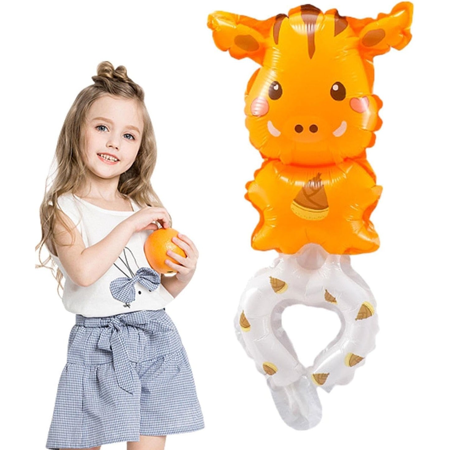 Balon din Folie Metalizata, Figurine Animalute, Tip Bratara, Model Girafa, 13 x 35 cm, Ambalaj Individual, Pai Inclus, Umflare cu Aer sau Heliu, Maro