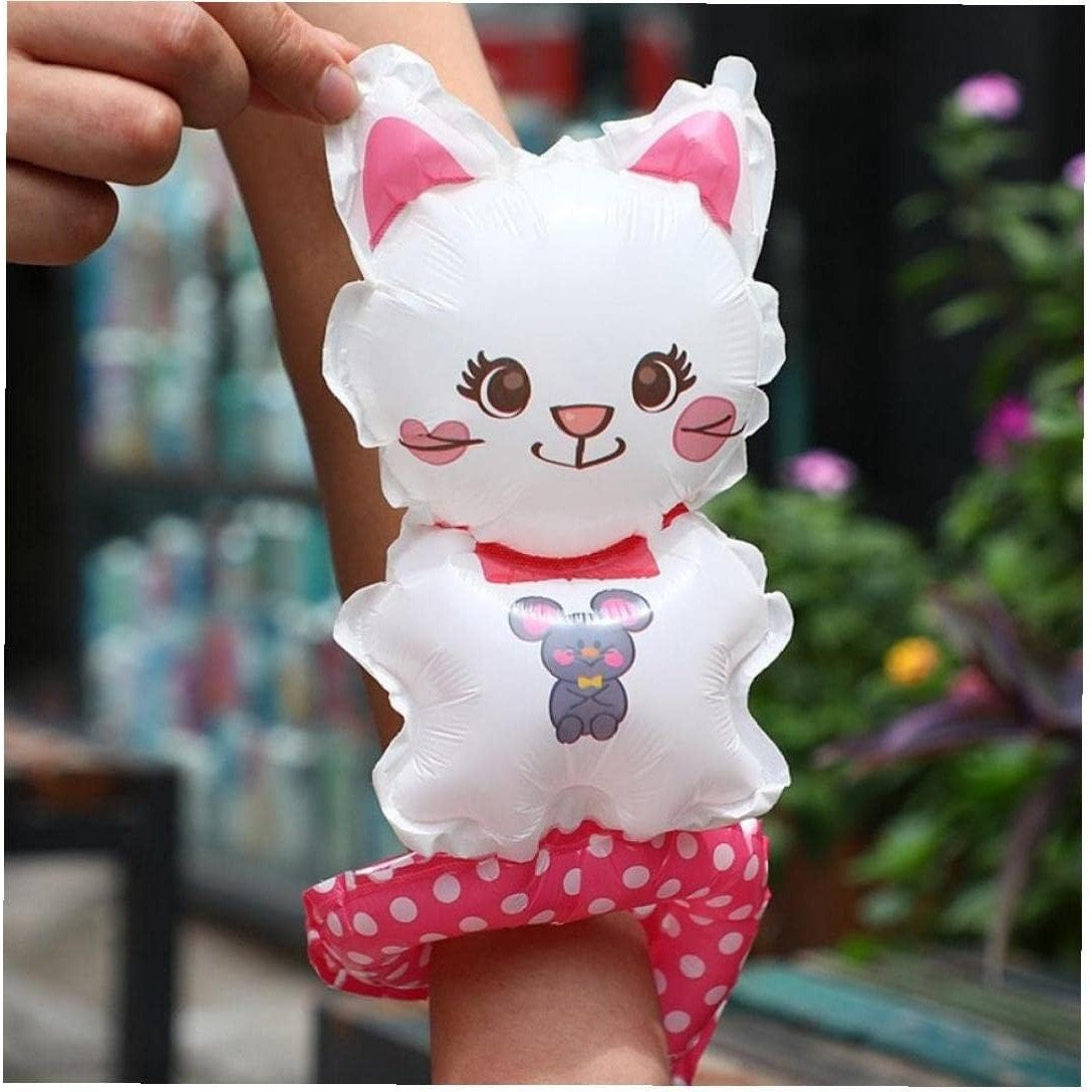 Balon din Folie Metalizata, Figurine Animalute, Tip Bratara, Model Pisica, 13 x 35 cm, Ambalaj Individual, Pai Inclus, Umflare cu Aer sau Heliu, Alb